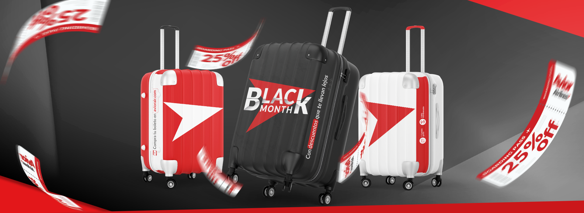 Banner Black Month con tres maletas